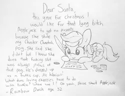 Size: 1650x1265 | Tagged: safe, artist:tjpones, derpibooru import, rainbow dash, pegasus, pony, female, grayscale, hoof hold, implied applejack, letter to santa, mare, monochrome, pencil drawing, pog, pogs, quill, rainbow douche, simple background, solo, traditional art, vulgar, white background
