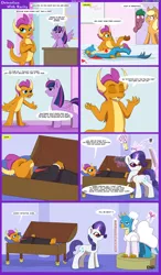 Size: 7000x12000 | Tagged: safe, artist:chedx, derpibooru import, applejack, gallus, rarity, smolder, twilight sparkle, oc, alicorn, bird, chicken, dragon, earth pony, pony, unicorn, comic:detention with rarity, chicken meat, comic, crossdressing, darling, detention, eating, fake, fake blood, fake death, food, fried chicken, gallus is not amused, gallus the rooster, ketchup, magic, meat, misspelling of you're, playing dead, punishment, ribbon, sauce, scissors, smolder is not amused, speech bubble, telekinesis, twilight is not amused, unamused