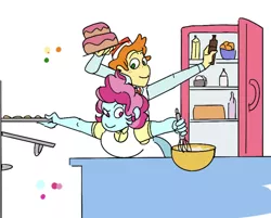 Size: 1280x1029 | Tagged: safe, artist:ponyretirementhome, derpibooru import, carrot cake, cup cake, equestria girls, apron, bowl, cake, chiffon swirl, clothes, female, food, husband and wife, male, oven, refrigerator, simple background, whisk, white background
