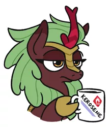 Size: 531x610 | Tagged: artist:jargon scott, cinder glow, derpibooru import, female, flammable, frown, glare, hoof hold, kerosene, kirin, lidded eyes, mug, safe, simple background, solo, summer flare, tired, wat, white background