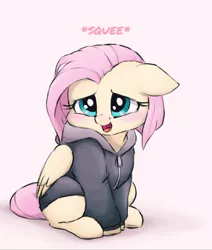 Size: 908x1071 | Tagged: safe, alternate version, artist:buttersprinkle, derpibooru import, fluttershy, pegasus, pony, alternate hairstyle, blushing, buttersprinkle is trying to murder us, clothes, cute, female, floppy ears, fluttersquee, hoodie, mare, open mouth, short hair, shyabetes, sitting, solo, squeak, squee, weapons-grade cute