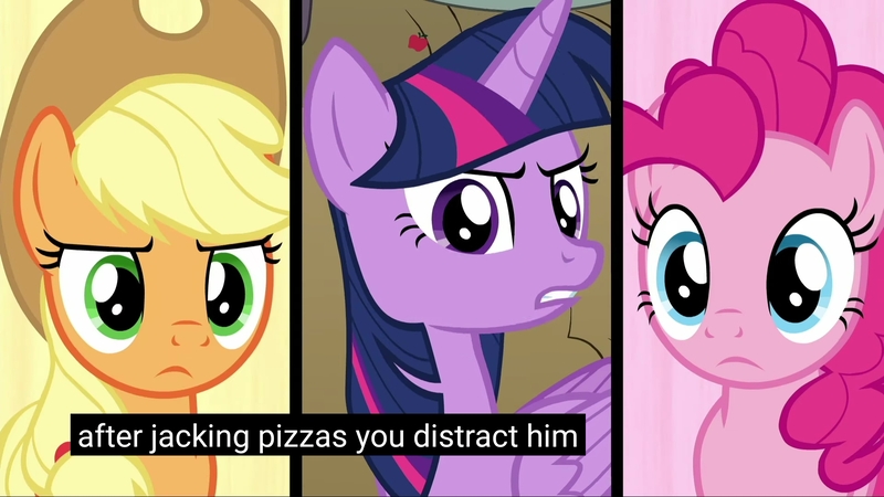 Size: 1920x1080 | Tagged: safe, derpibooru import, edit, edited screencap, screencap, applejack, pinkie pie, twilight sparkle, twilight sparkle (alicorn), alicorn, earth pony, pony, between dark and dawn, caption, female, looking at you, mare, meme, say what, youtube caption