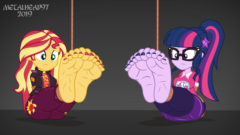 Size: 8000x4500 | Tagged: suggestive, alternate version, artist:metalhead97, derpibooru import, sci-twi, sunset shimmer, twilight sparkle, equestria girls, barefoot, bondage, breasts, clothes, feet, female, females only, femsub, fetish, foot fetish, foot focus, glasses, leggings, legs, nail polish, nervous, offscreen character, ponytail, pov, rope, rope bondage, show accurate, skirt, soles, submissive, tied up, toe nails, toenail polish, toenails, toes, wrinkles