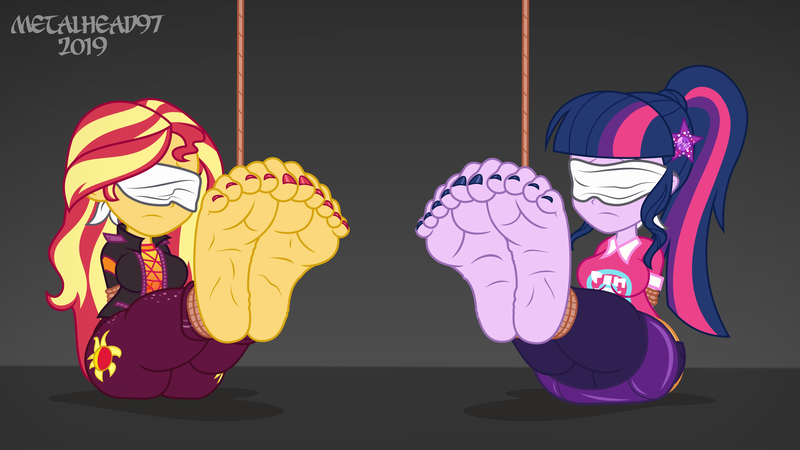 Size: 8000x4500 | Tagged: suggestive, alternate version, artist:metalhead97, derpibooru import, sci-twi, sunset shimmer, twilight sparkle, equestria girls, barefoot, blindfold, bondage, breasts, clothes, feet, female, females only, femsub, fetish, foot fetish, foot focus, leggings, legs, nail polish, nervous, offscreen character, ponytail, pov, rope, rope bondage, show accurate, skirt, soles, submissive, tied up, toe nails, toenail polish, toenails, toes, wrinkles