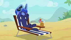Size: 1920x1080 | Tagged: safe, derpibooru import, screencap, princess luna, alicorn, pony, between dark and dawn, alternate hairstyle, beach, beach chair, coconut drink, crossed hooves, crossed legs, eyes closed, eyeshadow, female, glowing horn, hair bun, hooves behind head, horn, levitation, magic, magic aura, makeup, mare, open mouth, reclining, relaxing, satisfied, solo, stupid sexy luna, sunglasses, telekinesis, vacation, we don't normally wear clothes