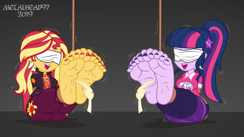 Size: 8000x4500 | Tagged: suggestive, alternate version, artist:metalhead97, derpibooru import, sci-twi, sunset shimmer, twilight sparkle, equestria girls, barefoot, blindfold, bondage, breasts, clothes, erotic tickling, feather, feet, female, females only, femsub, fetish, foot fetish, foot focus, laughing, leggings, legs, nail polish, nervous, offscreen character, ponytail, pov, rope, rope bondage, show accurate, skirt, soles, submissive, tickle fetish, tickle torture, tickling, tied up, toe nails, toenail polish, toenails, toes, wrinkles