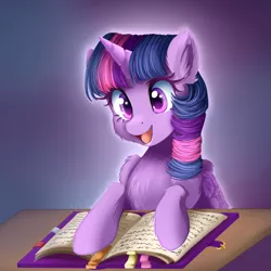 Size: 1350x1350 | Tagged: safe, artist:meotashie, derpibooru import, twilight sparkle, twilight sparkle (alicorn), alicorn, pony, book, cheek fluff, chest fluff, cute, ear fluff, female, friendship journal, leg fluff, mare, open mouth, solo, twiabetes, wing fluff