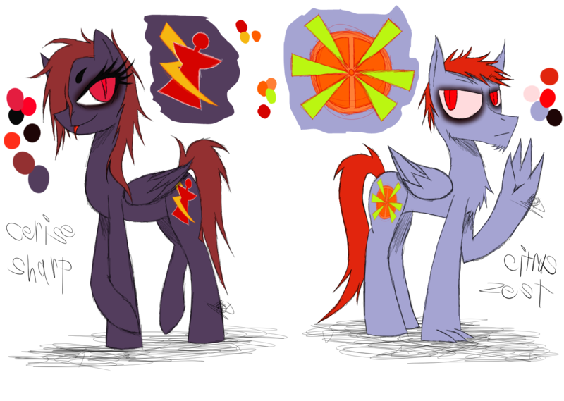 Size: 1385x985 | Tagged: safe, artist:didun850, derpibooru import, oc, oc:citrus sharp, oc:citrus zest, unofficial characters only, hybrid, pegasus, pony, chest fluff, duo, eyelashes, eyeliner, makeup, parent:rainbow dash, parents:canon x oc, pegasus oc, raised hoof, reference sheet, simple background, transparent background, wings