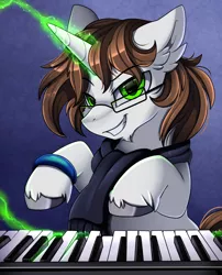 Size: 1424x1764 | Tagged: safe, artist:pridark, derpibooru import, oc, oc:tai, pony, unicorn, bust, clothes, cloven hooves, commission, glasses, glowing horn, green eyes, horn, looking at you, magic, musical instrument, piano, portrait, scarf, smiling, solo, telekinesis, unshorn fetlocks