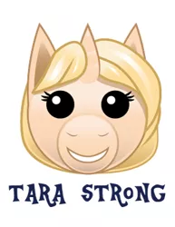 Size: 300x388 | Tagged: safe, artist:samoht-lion, derpibooru import, ponified, pony, unicorn, bust, emoji, female, grin, mare, simple background, smiling, solo, tara strong, text, white background