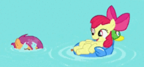 Size: 292x136 | Tagged: safe, derpibooru import, screencap, apple bloom, scootaloo, earth pony, pegasus, pony, twilight time, adorable face, adorabloom, bow, cute, happy, on back, peek, picture for breezies, pool toy, popping out, smiling, swimming, swimming pool, water, wet, wet mane