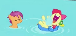 Size: 306x146 | Tagged: safe, derpibooru import, screencap, apple bloom, scootaloo, pony, twilight time, above, adorable face, adorabloom, blasting, bow, cute, laughing, on back, pool toy, spitting, swimming, swimming pool, water, wet, wet mane