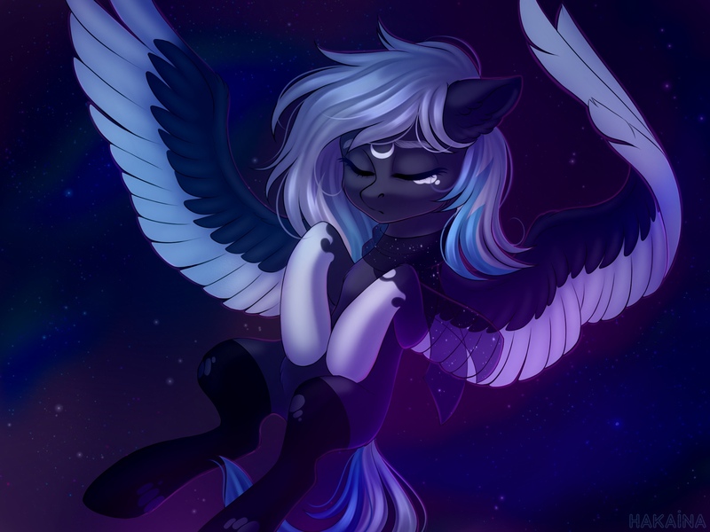 Size: 2000x1500 | Tagged: safe, artist:hakaina, derpibooru import, oc, oc:sirius-b, unofficial characters only, pegasus, pony, ear fluff, flying, night, night sky, peaceful, sky, solo, two toned wings, wings