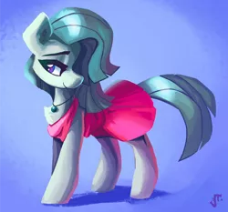 Size: 1280x1191 | Tagged: safe, artist:saxopi, derpibooru import, marble pie, earth pony, pony, alternate hairstyle, clothes, cute, dress, female, hair over one eye, jewelry, marblebetes, mare, necklace, solo