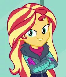 Size: 882x1022 | Tagged: safe, derpibooru import, screencap, sunset shimmer, equestria girls, equestria girls series, holidays unwrapped, spoiler:eqg series (season 2), clothes, cropped, crossed arms, cute, female, gloves, jacket, lip bite, looking at you, she knows, shimmerbetes, smiling, sweater, turtleneck, winter break-in, winter jacket, winter outfit