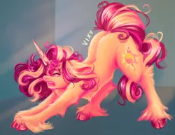 Size: 4008x3087 | Tagged: safe, artist:thewickedvix, derpibooru import, sunset shimmer, pony, unicorn, behaving like a cat, colored hooves, female, floppy ears, fluffy, mare, solo, stretching, unshorn fetlocks, yawn