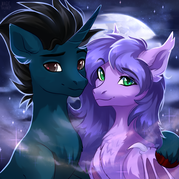 Size: 1874x1873 | Tagged: safe, artist:magicbalance, derpibooru import, oc, oc:midnight reverie, oc:slashing prices, bat pony, pony, unicorn, bat pony oc, bat wings, bust, couple, female, horn, male, mare, moon, moonlight, night, night sky, particles, portrait, shipping, sky, smiling, stallion, unicorn oc, wings