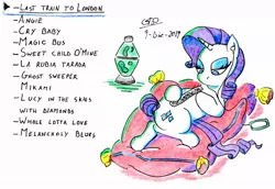 Size: 1024x703 | Tagged: safe, artist:gafelpoez, derpibooru import, rarity, pony, electric light orchestra, ghost sweeper mikami, guns n roses, janis joplin, led zeppelin, playlist, queen (band), sumo (band), the beatles, the rolling stones, the who, traditional art