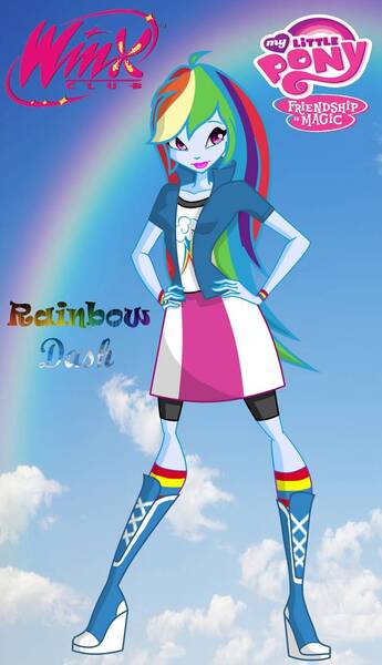 Size: 678x1179 | Tagged: safe, artist:redillita, derpibooru import, rainbow dash, equestria girls, barely eqg related, bracelet, clothes, cloud, crossover, jewelry, my little pony logo, rainbow, rainbow s.r.l, shoes, winx club, winxified