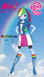 Size: 678x1179 | Tagged: safe, artist:redillita, derpibooru import, rainbow dash, equestria girls, barely eqg related, bracelet, clothes, cloud, crossover, jewelry, my little pony logo, rainbow, rainbow s.r.l, shoes, winx club, winxified