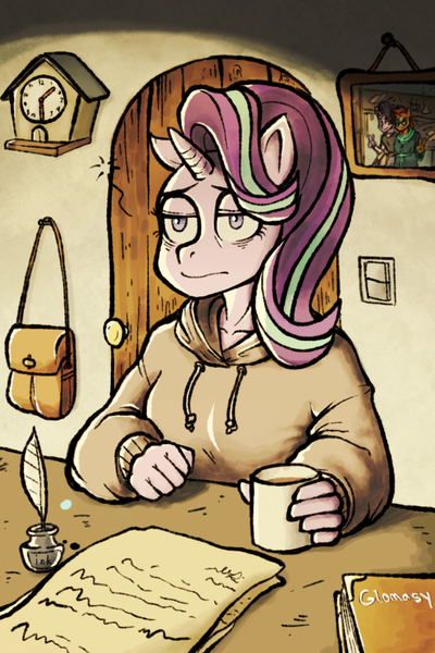 Size: 640x960 | Tagged: safe, artist:glomasy, derpibooru import, starlight glimmer, anthro, unicorn, book, clock, clothes, coffee, cuckoo clock, desk, female, hoodie, inkwell, mare, mug, quill, solo, tired