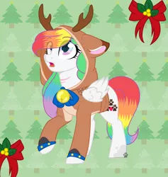 Size: 2120x2240 | Tagged: safe, artist:cloud-fly, artist:rainbowpawsarts, derpibooru import, oc, oc:rainbow paws, deer, pegasus, pony, reindeer, antlers, base used, bell, christmas, christmas tree, clothes, cute, eye clipping through hair, female, holiday, hoodie, looking up, mare, multicolored hair, multicolored tail, one hoof raised, ornament, pegasus oc, rainbow hair, rainbow tail, ribbon, scar, stars, tree, wing fluff, wings