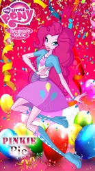 Size: 666x1200 | Tagged: safe, artist:redillita, derpibooru import, pinkie pie, human, equestria girls, balloon, barely eqg related, bracelet, clothes, crossover, jewelry, lipstick, my little pony logo, rainbow s.r.l, shoes, streamers, winx club, winxified