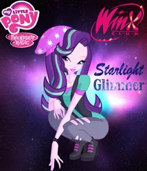 Size: 827x966 | Tagged: safe, artist:redillita, derpibooru import, starlight glimmer, equestria girls, barely eqg related, boots, clothes, crossover, hat, lipstick, my little pony logo, rainbow s.r.l, shoes, winx club, winxified