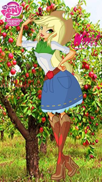 Size: 671x1191 | Tagged: safe, artist:redillita, derpibooru import, applejack, human, equestria girls, apple, apple tree, barely eqg related, beautiful, belt, belt buckle, boots, clothes, cowboy boots, cowboy hat, cowgirl, crossover, cute, denim skirt, food, green eyes, hat, high heel boots, high heels, jackabetes, lipstick, makeup, my little pony logo, rainbow s.r.l, red lipstick, shoes, skirt, stetson, tree, winx club, winxified, woman, yellow hair