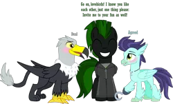 Size: 3211x1945 | Tagged: safe, artist:shadymeadow, derpibooru import, oc, oc:anchor hook, oc:cyrax, oc:grant the griffon, unofficial characters only, classical hippogriff, gryphon, hippogriff, pegasus, amputee, blushing, clothes, gay, hoodie, hook hand, lgbt, male, oc x oc, prosthetics, shipping, stallion