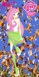 Size: 638x1253 | Tagged: safe, artist:redillita, derpibooru import, fluttershy, butterfly, human, equestria girls, barely eqg related, clothes, crossover, flying, my little pony logo, rainbow s.r.l, shoes, winx club, winxified