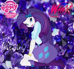 Size: 921x867 | Tagged: safe, artist:redillita, derpibooru import, rarity, equestria girls, barely eqg related, bracelet, clothes, crossover, diamond, gemstones, jewelry, lipstick, my little pony logo, rainbow s.r.l, shoes, style emulation, winx club, winxified