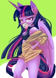 Size: 1800x2500 | Tagged: alicorn, anthro, armpits, artist:ask-colorsound, bubblegum, cheek fluff, clothes, cute, derpibooru import, female, food, gum, hand in pocket, lidded eyes, looking at you, mare, safe, solo, sports bra, twiabetes, twilight sparkle, twilight sparkle (alicorn), wing fluff