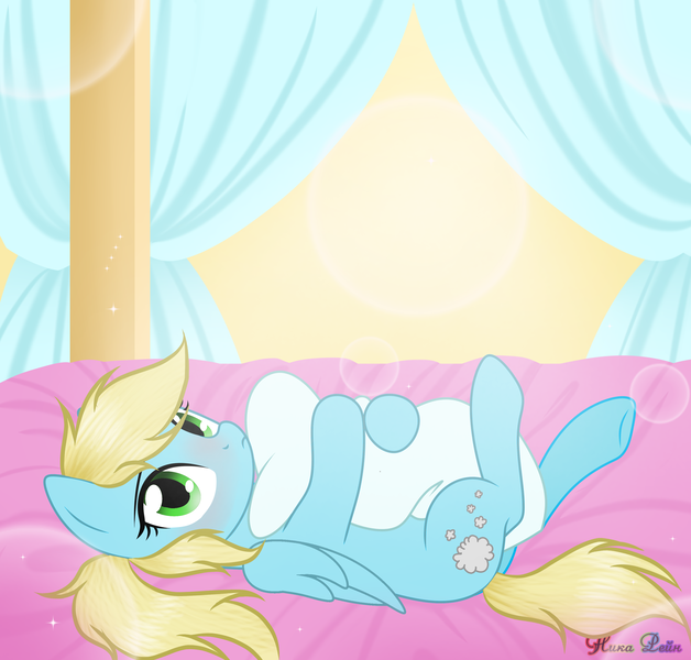 Size: 3000x2868 | Tagged: safe, artist:kim0508, derpibooru import, oc, oc:steam cloud, unofficial characters only, pegasus, pony, bed, blushing, canopy bed, commission, cute, female, hug, looking at you, lying down, mare, on back, on bed, pillow, pillow hug, solo