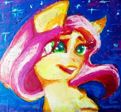 Size: 1754x1620 | Tagged: safe, artist:haokan, derpibooru import, fluttershy, pegasus, pony, cute, female, oil painting, oilpastel, pastel, smiley face, solo, traditional art