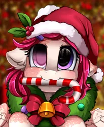 Size: 1446x1764 | Tagged: safe, artist:pridark, derpibooru import, oc, oc:cotton, pegasus, pony, bell, blushing, candy, candy cane, christmas, commission, cute, food, hat, holiday, mouth hold, ocbetes, pridark's christmas ponies, santa hat, solo, wreath, ych result