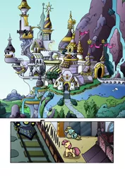 Size: 1204x1700 | Tagged: safe, artist:tarkron, derpibooru import, pony, comic:the royal sandal, canterlot, canterlot castle, castle, comic, friendship express, no dialogue, outdoors, train, train station, waterfall