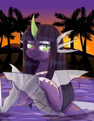 Size: 1400x1800 | Tagged: safe, artist:jagga-chan, derpibooru import, oc, oc:venom, merpony, pony, female, solo, sunset