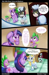 Size: 724x1103 | Tagged: alicorn, artist:artwallofe, comic:curse and madness, derpibooru import, mlpcam, nurse, oc, oc:everchanging, oc:fallenlight, safe, spike, twilight sparkle, twilight sparkle (alicorn)