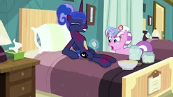 Size: 1920x1080 | Tagged: safe, derpibooru import, screencap, nurse sweetheart, princess luna, alicorn, pony, unicorn, between dark and dawn, bed, duo, eyes closed, female, hair bun, hospital, magic, magic aura, mare, pillow, race swap, sunburn, telekinesis