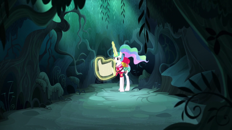 Size: 1920x1080 | Tagged: safe, derpibooru import, screencap, princess celestia, alicorn, pony, between dark and dawn, clothes, ethereal mane, female, forest, hawaiian shirt, magic, magic aura, mare, ponytail, shirt, solo, telekinesis