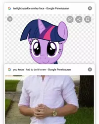 Size: 1080x1350 | Tagged: safe, artist:aryatheeditor, derpibooru import, twilight sparkle, human, unicorn, derpibooru, alpha channel, clothes, cursed image, element of magic, funny, google, humanized, juxtaposition, lol, meme, meta, shirt, smiley face, watch, wide eyes, you know i had to do it to em