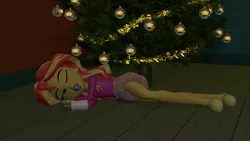 Size: 3840x2160 | Tagged: suggestive, artist:mrdoctorderpy, derpibooru import, sunset shimmer, equestria girls, 3d, 4k, abdl, baby bottle, christmas, christmas tree, clothes, diaper, diaper fetish, fake sleeping, fetish, holiday, pacifier, pajamas, solo, source filmmaker, sunset's apartment, tree