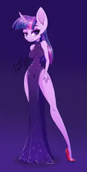 Size: 600x1181 | Tagged: safe, artist:twistedcarrot, derpibooru import, twilight sparkle, anthro, plantigrade anthro, unicorn, blue background, chibi, clothes, disproportional anatomy, dress, female, gradient background, high heels, looking at you, mare, shoes, side slit, simple background, unicorn twilight, wasp waist