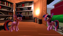 Size: 1280x720 | Tagged: safe, artist:mrm, derpibooru import, twilight sparkle, twilight sparkle (alicorn), alicorn, pony, 3d, animated, book, bookshelf, boop, cute, doppelganger, duality, female, golden oaks library, mare, no sound, open mouth, revamped ponies, self ponidox, source filmmaker, twiabetes, updated design, webm, wings