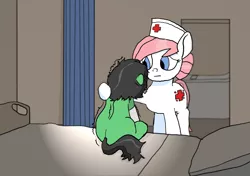 Size: 2100x1482 | Tagged: safe, artist:anon3mous1, derpibooru import, nurse redheart, oc, earth pony, pony, unicorn, fanfic:trust once lost, bed, blank flank, broken leg, cast, comforting, cute, depth of field, facing away, fanfic art, female, filly, hat, hospital, hospital bed, hurt/comfort, injured, mare, nurse, nurse hat, panic, panic attack, panicking, pillow, scared, self insert, shaking