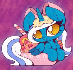 Size: 913x875 | Tagged: adorabelle, adorable face, alicorn, alicorn oc, artist:jessie park, bow, bowl, candy, candy cane, chibi, cute, derpibooru import, female, food, hair bow, horn, ice cream, mare, oc, oc:fleurbelle, safe, sprinkles, strawberry ice, sweet, sweets, wings, yellow eyes