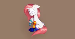 Size: 1584x838 | Tagged: safe, artist:wellory, derpibooru import, oc, oc:redly, unofficial characters only, pony, unicorn, blushing, clothes, cute, socks, solo, striped socks