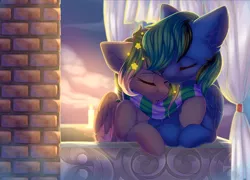 Size: 4732x3406 | Tagged: safe, artist:alphadesu, derpibooru import, oc, oc:ender, oc:star universe, unofficial characters only, pegasus, pony, clothes, cuddling, curtains, ender's herd, ethereal mane, eyes closed, female, ledge, male, mare, romantic, scarf, sharing, stallion, starry mane, stender, sunset