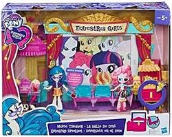 Size: 500x398 | Tagged: safe, derpibooru import, applejack, fluttershy, juniper montage, pinkie pie, rainbow dash, rarity, sci-twi, twilight sparkle, twilight sparkle (alicorn), ponified, alicorn, pony, equestria girls, movie magic, spoiler:eqg specials, box, doll, equestria girls logo, equestria girls ponified, food, glasses, humane five, humane six, movie, my little pony logo, popcorn, theater, toy